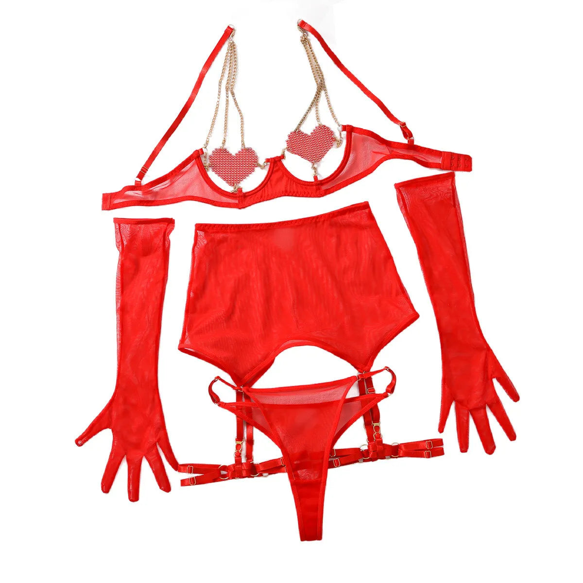 Sexy See-Through Mesh Chain Strap Five-Piece Lingerie Set