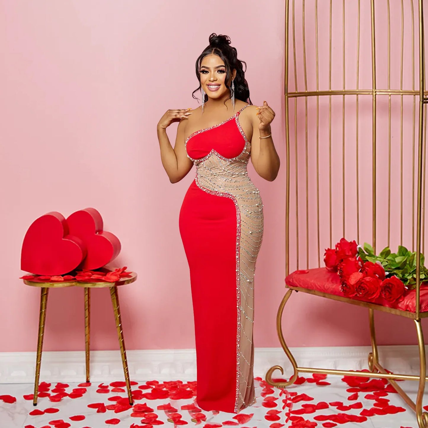 Sexy Stretch Pearls Mesh Rhinestone Maxi Dress Red