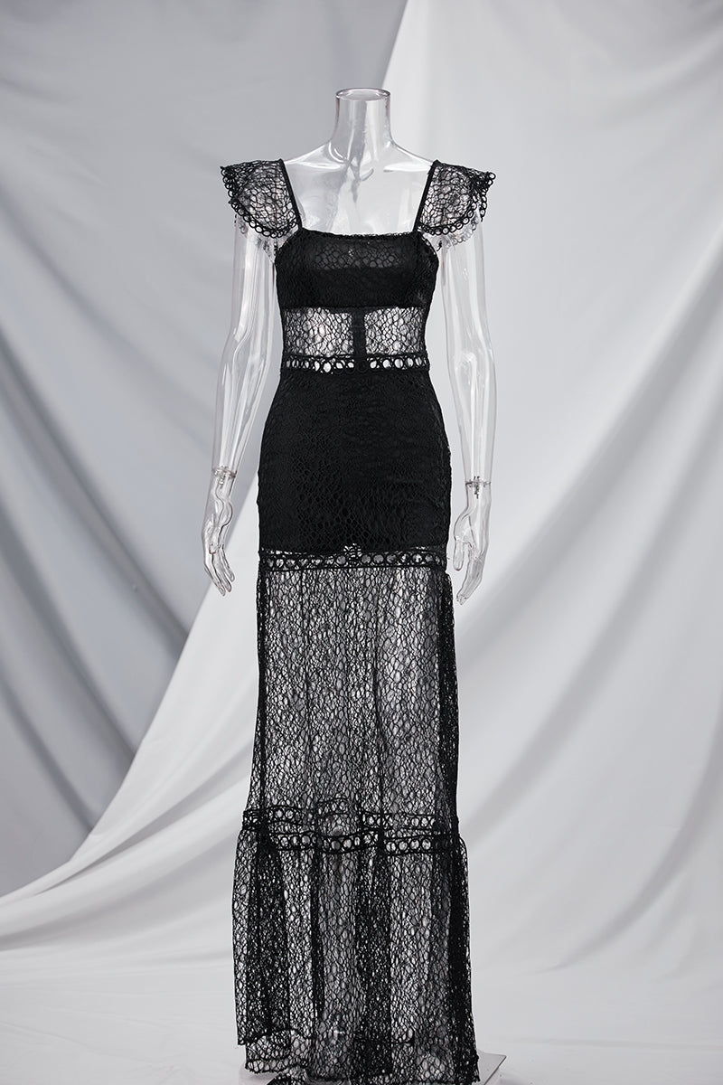 Sexy Maxi Dress with Rope Ruffles and Zipper Back