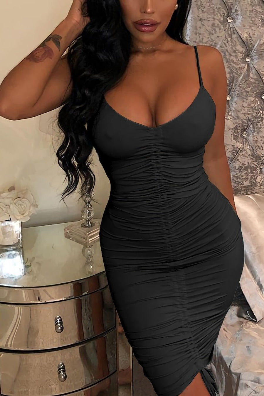 Elasticated black midi dress