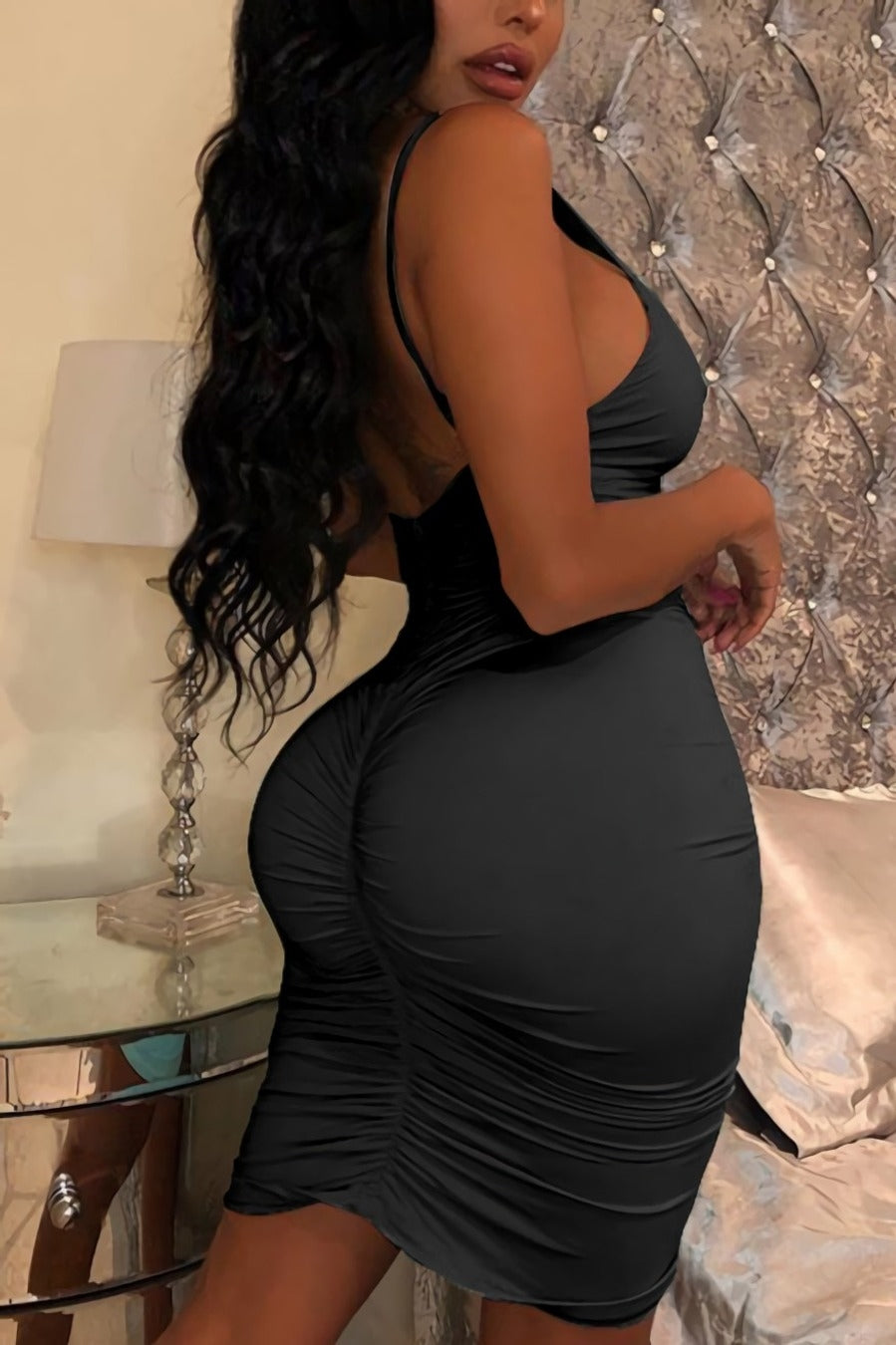 Elasticated black midi dress