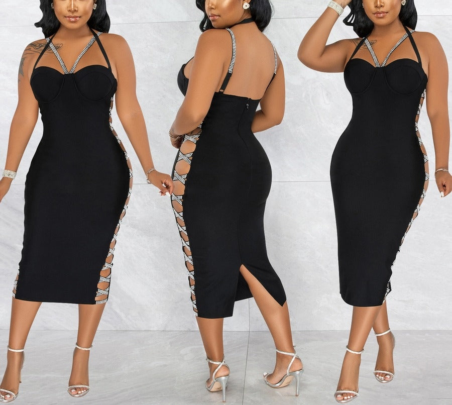 Black Rhinestone Sling Stretch Dress