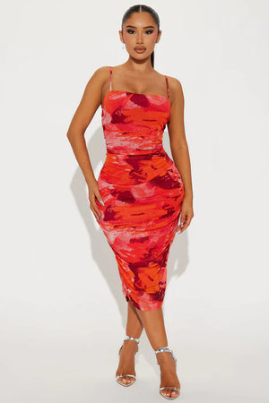 Amara Abstract Mesh Midi Dress - Red/combo