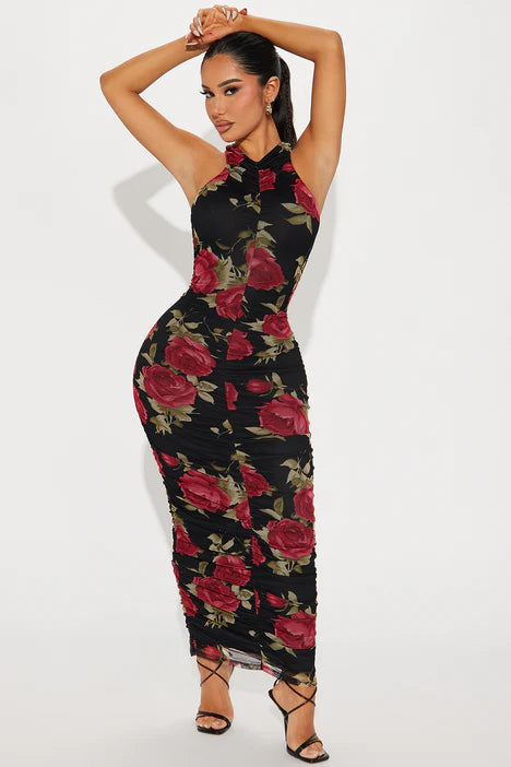 Rosalina Mesh Midi Dress - Black/Red