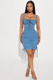 Cassie Denim Ruched Mini Dress - Medium Blue Wash