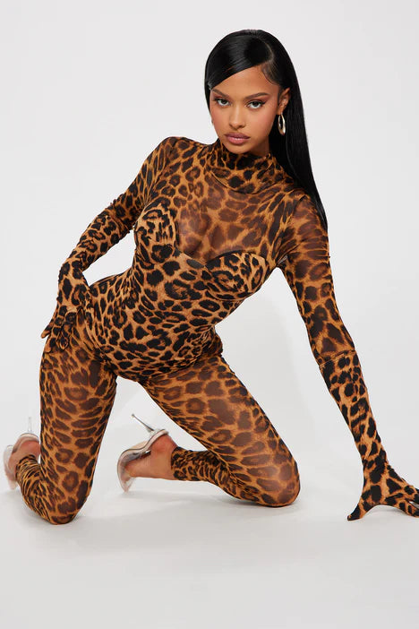 For The Night Mesh Jumpsuit - Leopard