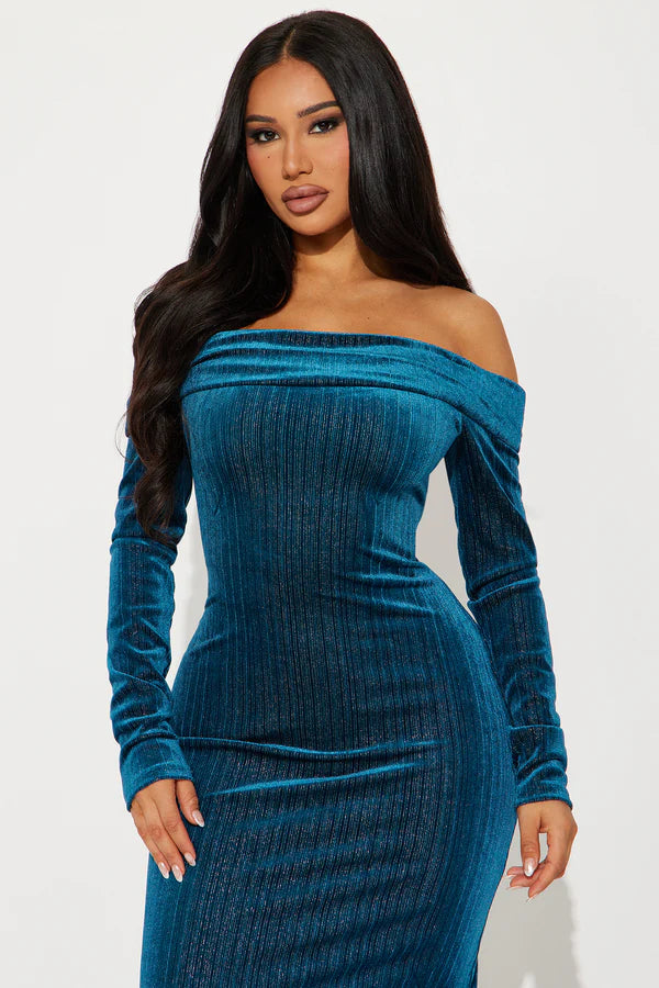 All That Shimmer Velvet Maxi Dress - Teal