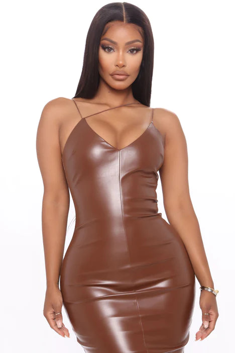 make it sexy faux leather midi dress brown Make It Sexy Faux Leather Midi Dress - Brown