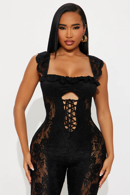 On My Time Lace Straight Leg Jumpsuit - Black