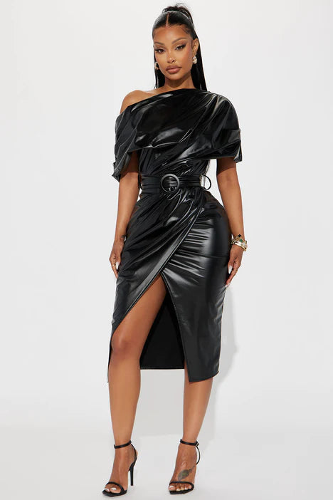 Layla Faux Leather Midi Dress - Black