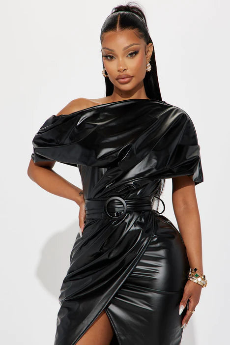 Layla Faux Leather Midi Dress - Black