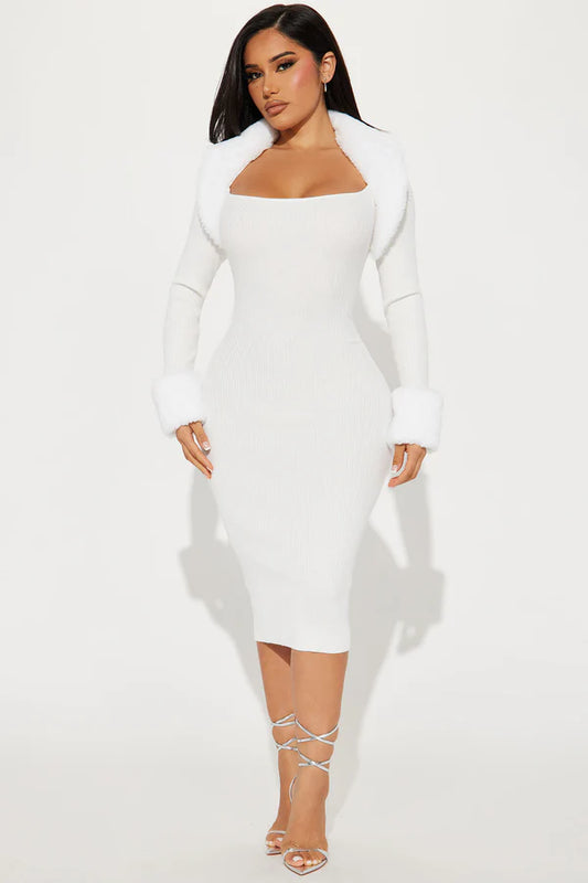 Shilah Faux Fur Sweater Midi Dress - Ivory