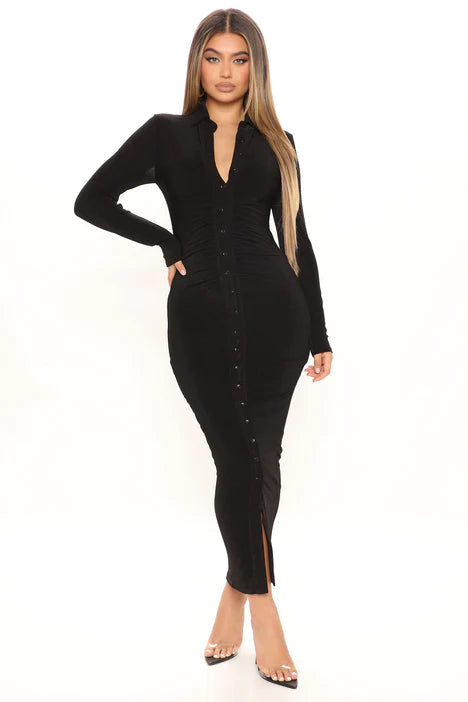 Silky Smooth Long Sleeve Slinky Dress - Black