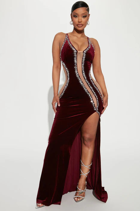 Look My Way Velvet Maxi Dress - Burgundy