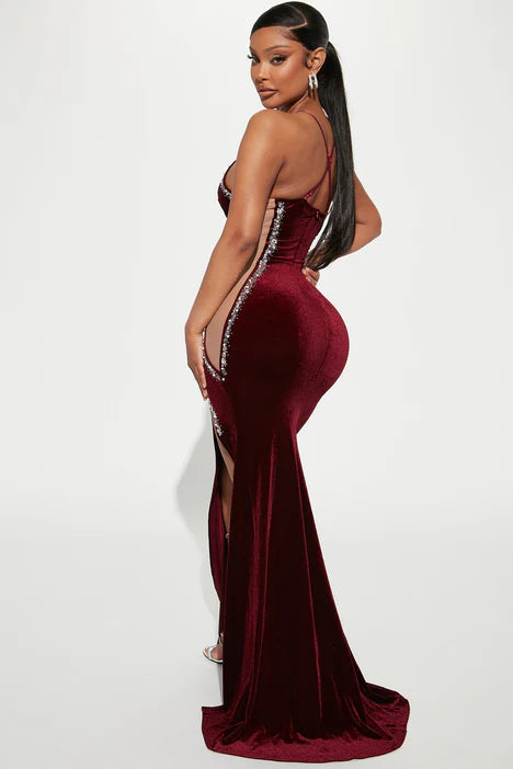 Look My Way Velvet Maxi Dress - Burgundy
