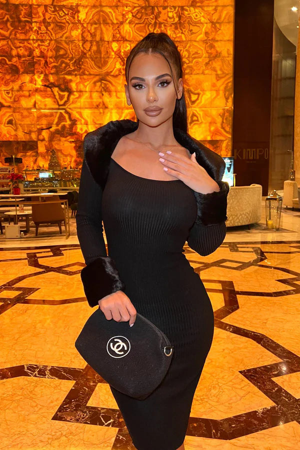 Shilah Faux Fur Sweater Midi Dress - Black
