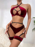 Women Lace Lace-Up Cross Patchwork Bra Hollow Backless sexy Lingerie Set