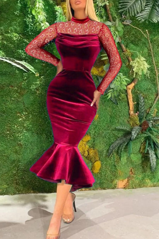 velvet spliced party mermaid midi dress
