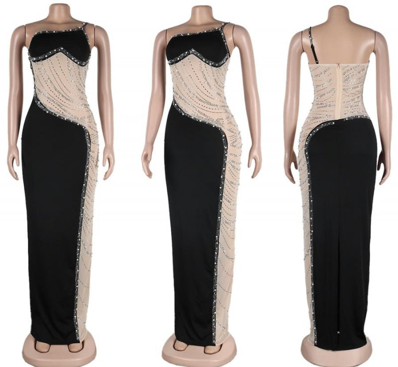 Sexy Stretch Pearls Mesh Rhinestone Maxi Dress