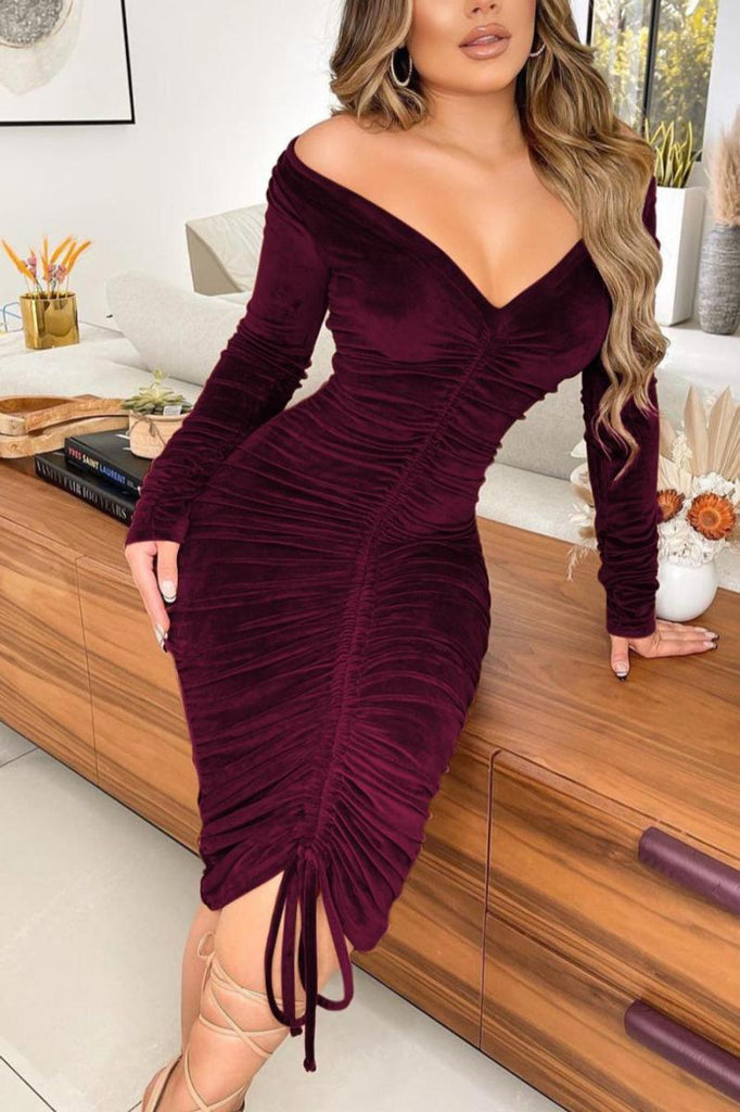 Sexy solid color off shoulder velvet midi dress