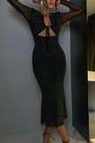 Sexy slight stretch sequins hollow lace-up shoulder pad midi dress