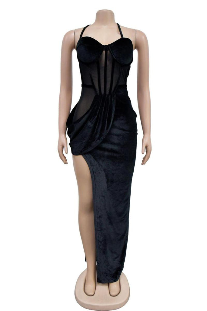 Sexy velvet mesh maxi dress with high slit Black