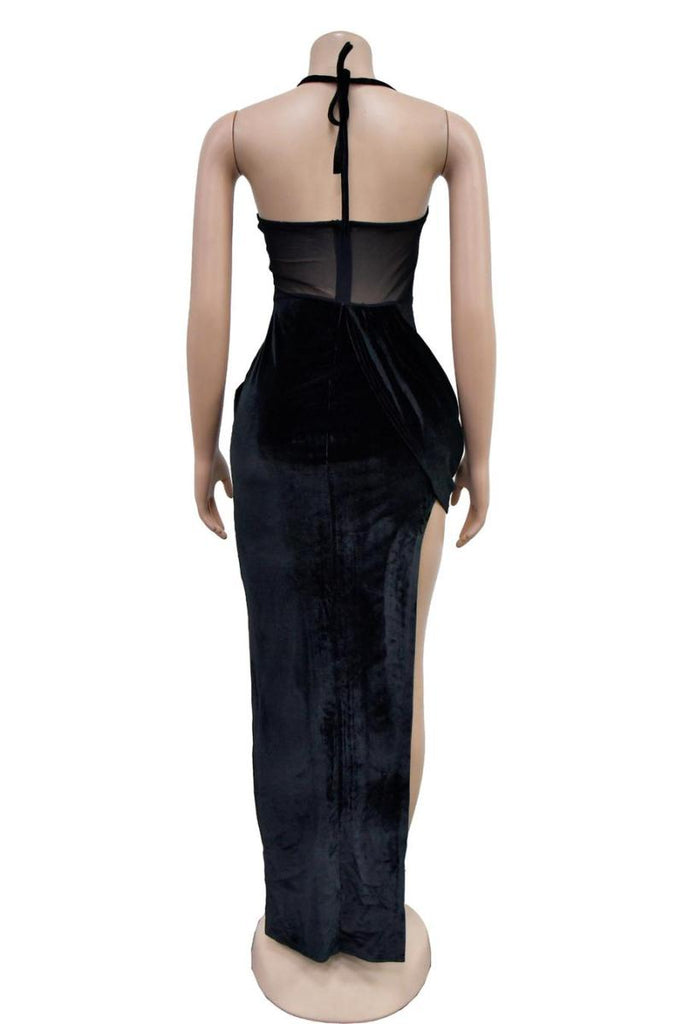 Sexy velvet mesh maxi dress with high slit Black