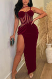 Sexy velvet mesh maxi dress with high slit Rose Red