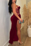 Sexy velvet mesh maxi dress with high slit Rose Red