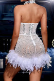 Sexy slight stretch rhinestone chain pearl feather padded underwire mini dress