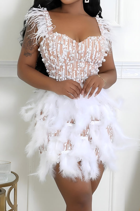 Sexy  slight stretch pearl sequins feather decor tight mini dress