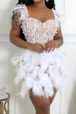 Sexy  slight stretch pearl sequins feather decor tight mini dress