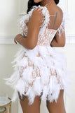Sexy  slight stretch pearl sequins feather decor tight mini dress