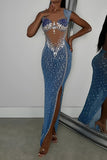 Sexy slight stretch mesh see-through rhinestone slit maxi dress