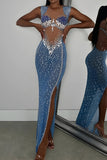 Sexy slight stretch mesh see-through rhinestone slit maxi dress