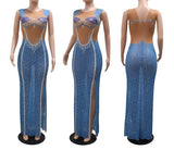 Sexy slight stretch mesh see-through rhinestone slit maxi dress