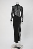 Sexy slight stretch rhinestone mesh see-through high slit maxi dress