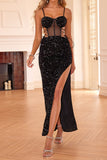 Sexy non-stretch sling mesh sequins stitching high slit lace-up maxi dress