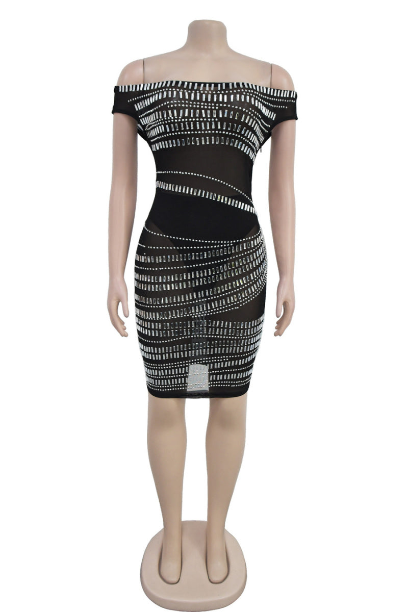 Sexy stretch see-through mesh rhinestone tight one shoulder mini dress with briefs