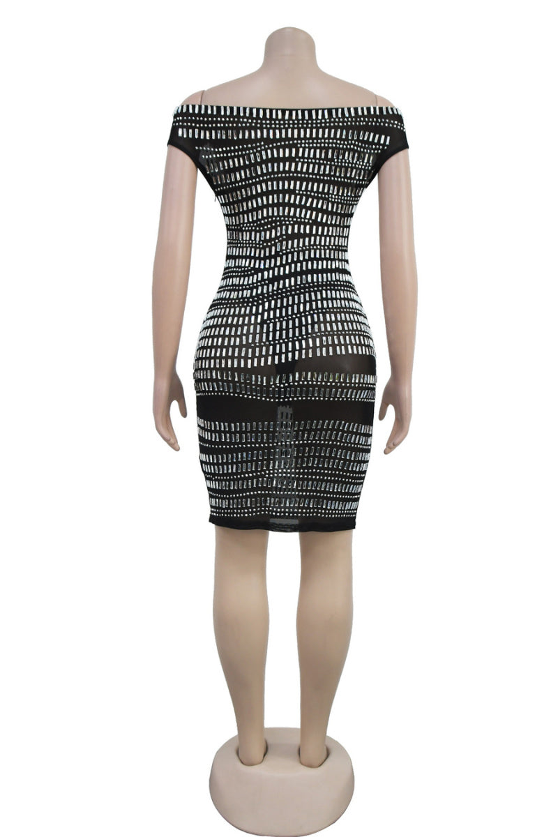 Sexy stretch see-through mesh rhinestone tight one shoulder mini dress with briefs