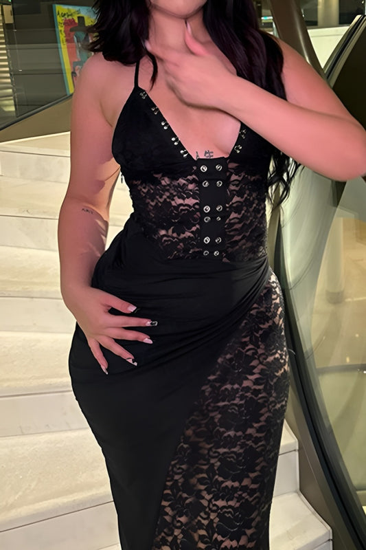 Sexy slight stretch halter neck see-through lace patchwork slim maxi dress
