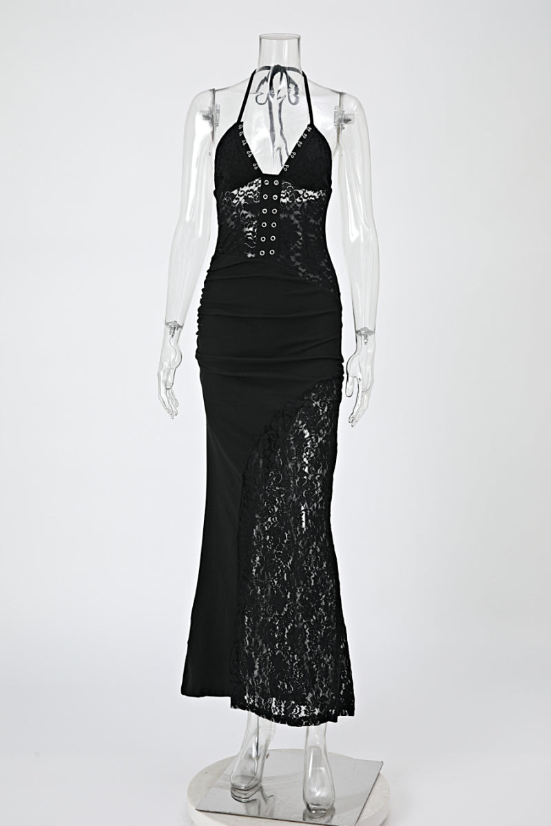 Sexy slight stretch halter neck see-through lace patchwork slim maxi dress