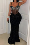 Sexy plus size slight stretch sling with underwire rhinestone sequins maxi dress