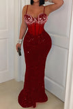 Sexy plus size slight stretch sling with underwire rhinestone sequins maxi dress Red