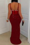 Sexy plus size slight stretch sling with underwire rhinestone sequins maxi dress Red