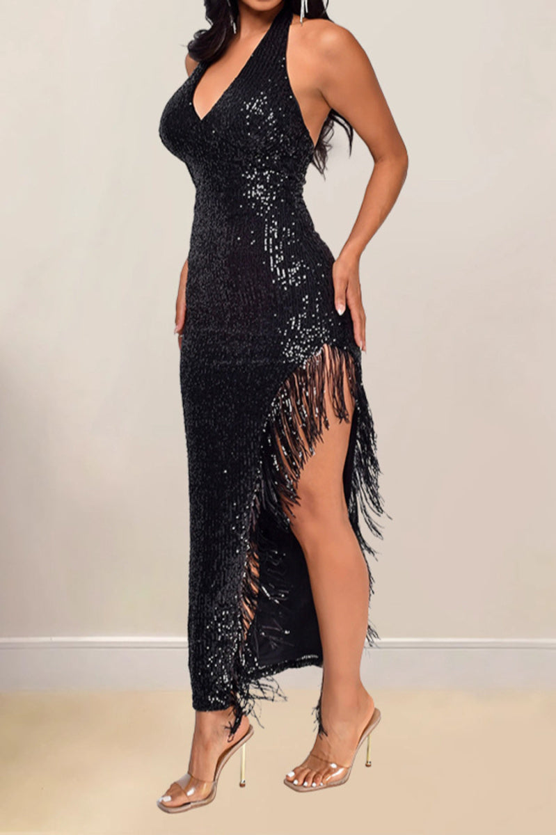 Sexy slight stretch halter neck maxi dress