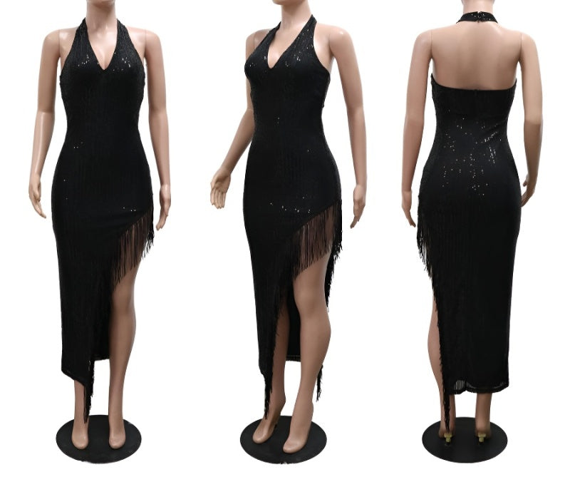 Sexy slight stretch halter neck maxi dress