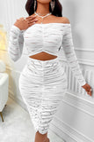New sexy slight stretch solid color patchwork hollow one shoulder midi dress