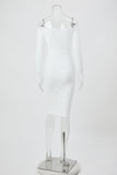 New sexy slight stretch solid color patchwork hollow one shoulder midi dress