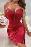 Sexy slight stretch mesh stitching with underwire rubber slit midi dress